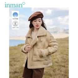 INMAN-chaquetas de plumón de imitación de visón para mujer, abrigo holgado y grueso de manga larga con solapa de terciopelo, prendas de vestir de color caqui suave a la moda, invierno, 2023