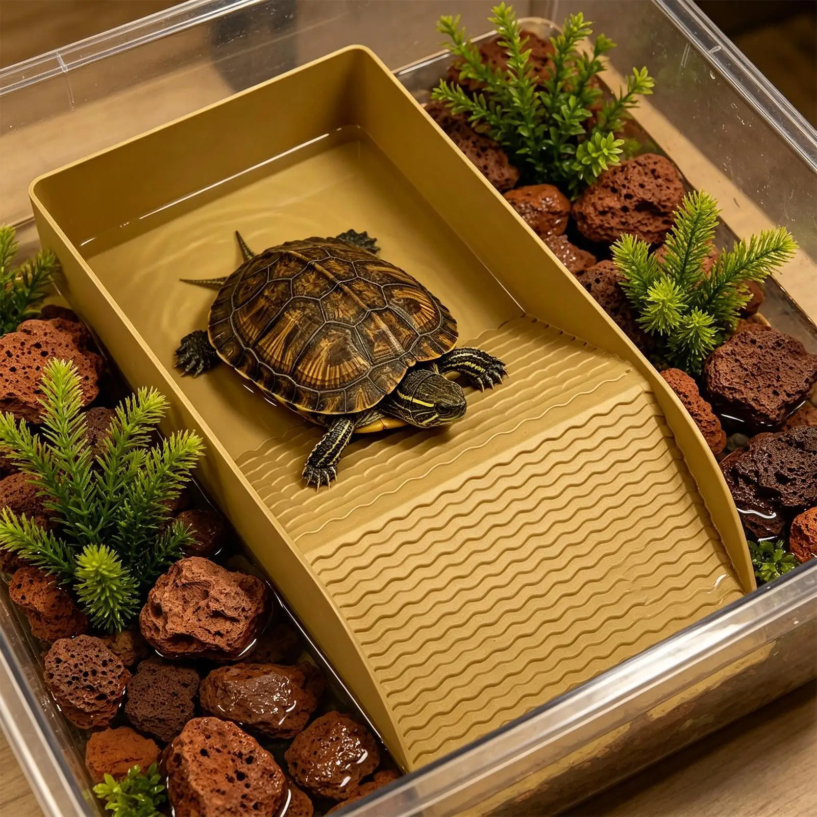 Schildkröten-Tauchbecken mit Sonnplattform, Reptilien-Futter- und Wasserschale, Rutschfeste Große Habitat-Wasserschüssel für Schildkröten, Geckos, Eidechsen und Schlangen – Detail 2