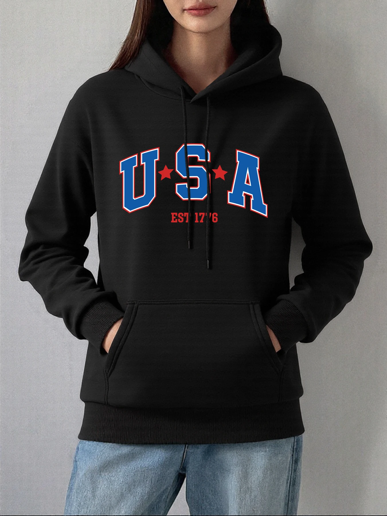 Usa Star Big Letter Printed Autumn Women Hoodie Casual Multicolor Hoody Pocket Hoodies Fleece Clothing Fashion Street Pullover