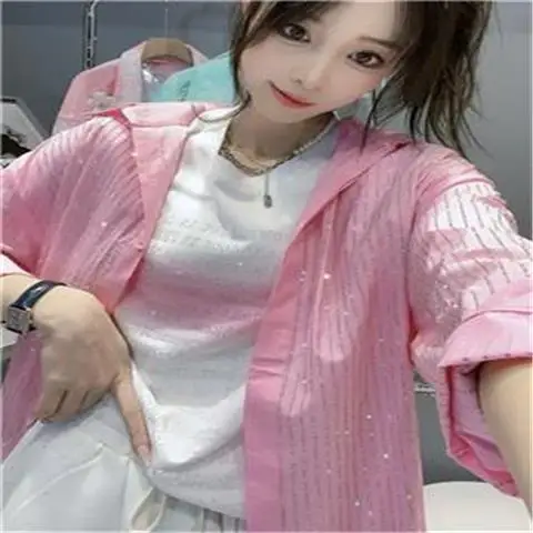 Pink Striped Diamonds Shirts Spring Loose Hot Drilling Blouses OL Sequined Cardigan Streetwear Turn Down Collar Crop Tops Blusas