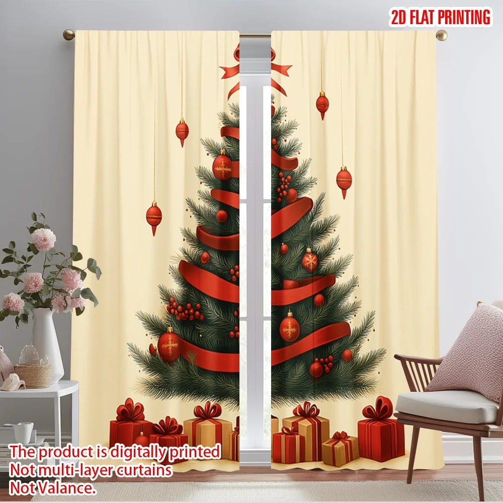 2pcs,2D plane printing Curtain Popular Christmas Tree Gifts Ribbon (2) Versatile Polyester Fabric (without rod) Decorations