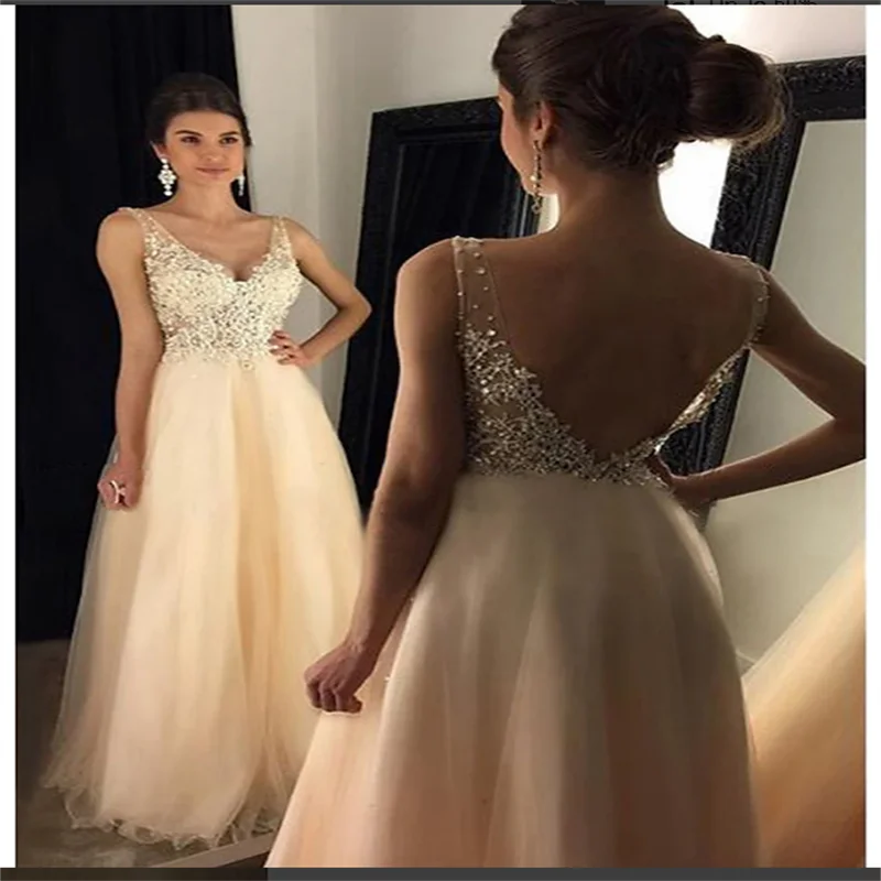 A-Linie, goldfarbene Ballkleider, Paillettenkleid, formelle Hochzeitsgäste, bodenlang, ärmellos, V-Ausschnitt, Tüll, V-Rücken mit Perlenapplikationen