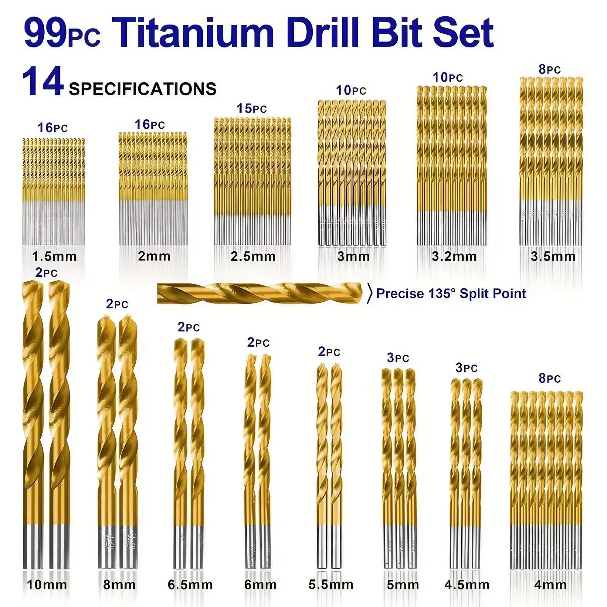 99 Pieces Titanium Twist Drill Bit Set, High Speed Steel, Size from 1/16\