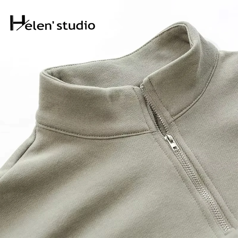 

Original Causal 100% Cotton Short Zipper Hoodie Lapel Sports Top Long Sleeve Soild Loose Pullover Tops Women's Clothing