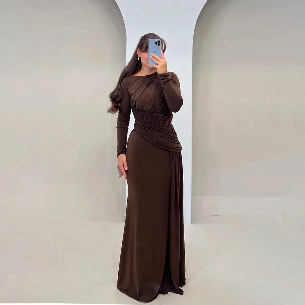 

Elegant Evening Dresses Round Neck Long Sleeve Pleated Straight Dress Chiffon Prom Dresses Formal Gowns Cocktail Party Dresses