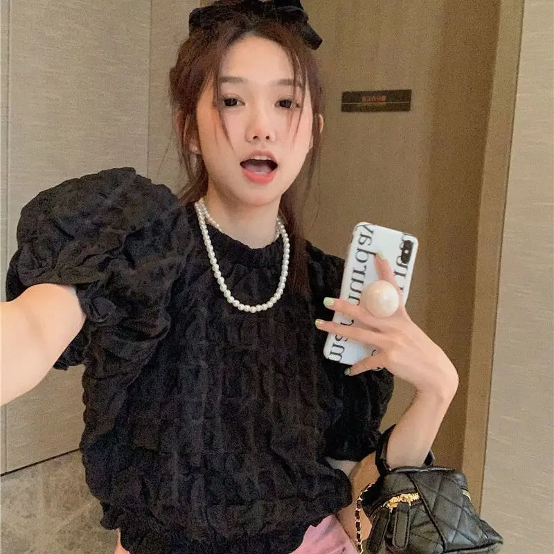 Korean Sweet Solid Color Chiffon Shirt Summer O-neck Pleated All Match Puff Sleeve Shirt Small Fresh Fashion Top Women Clothing