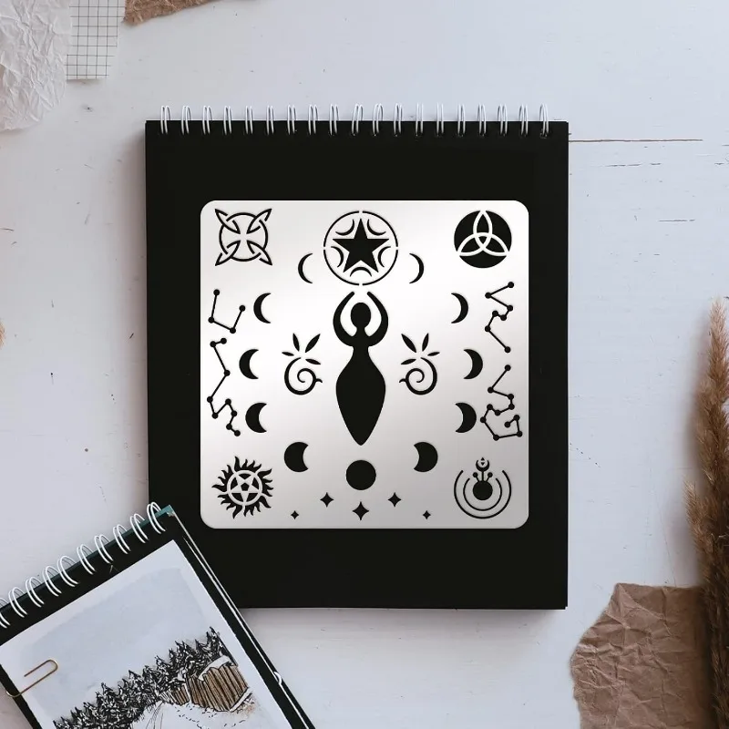 1 pc Wiccan Metal Stencil 6.14 inch Square Witch Symbols Stencil Stainless Steel Viking for Engraving Pyrography Journal view 4