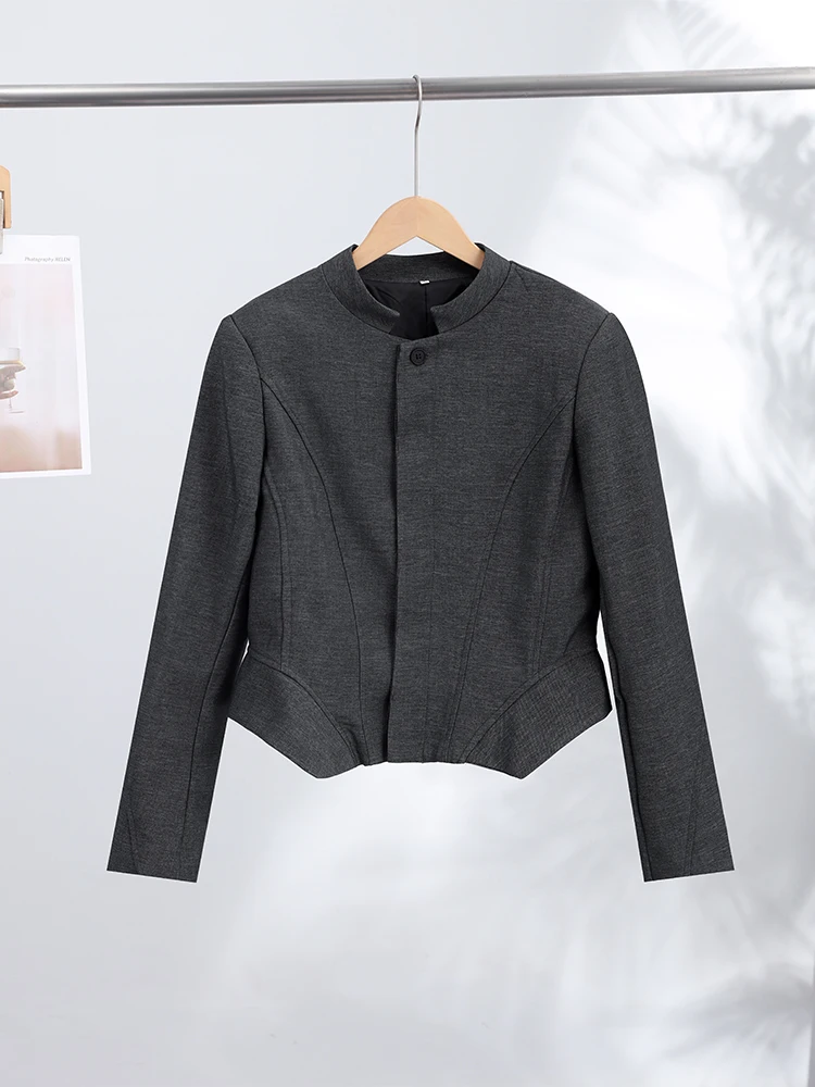 Stehkragen-Mantel mit Knöpfen und Rüschensaum, Tailliertes Damen-Jackenkleid, Elegante Langarm-Einreiher-Slim-Fit-Jacke, Neue Damenoberbekleidung – Detail 3