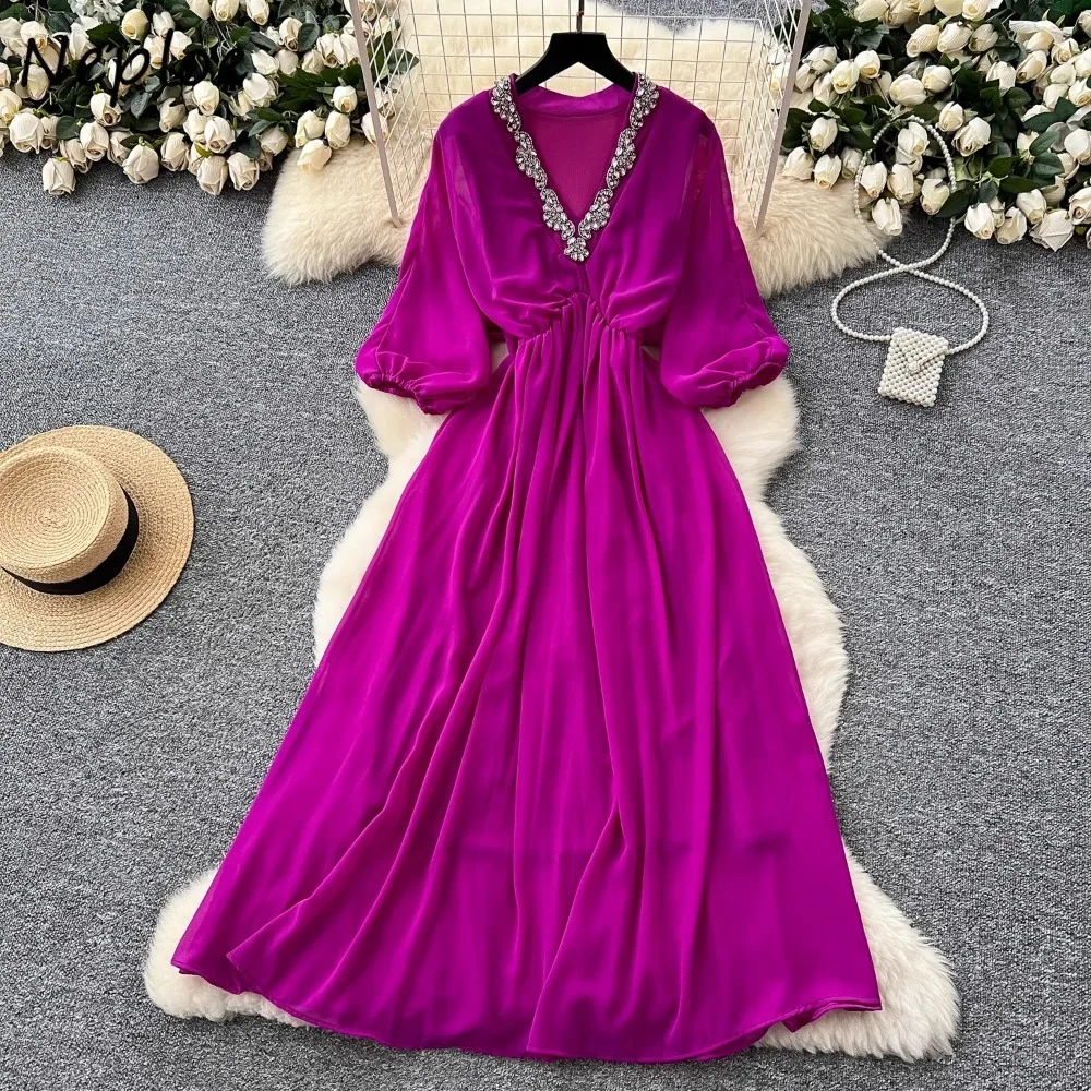 

Neploe Korea French Advanced Elegant Heavy Robe Diamonds V Neck Lantern Sleeve Slim Mujer A-line Big Swing Chiffon Ruched Dress
