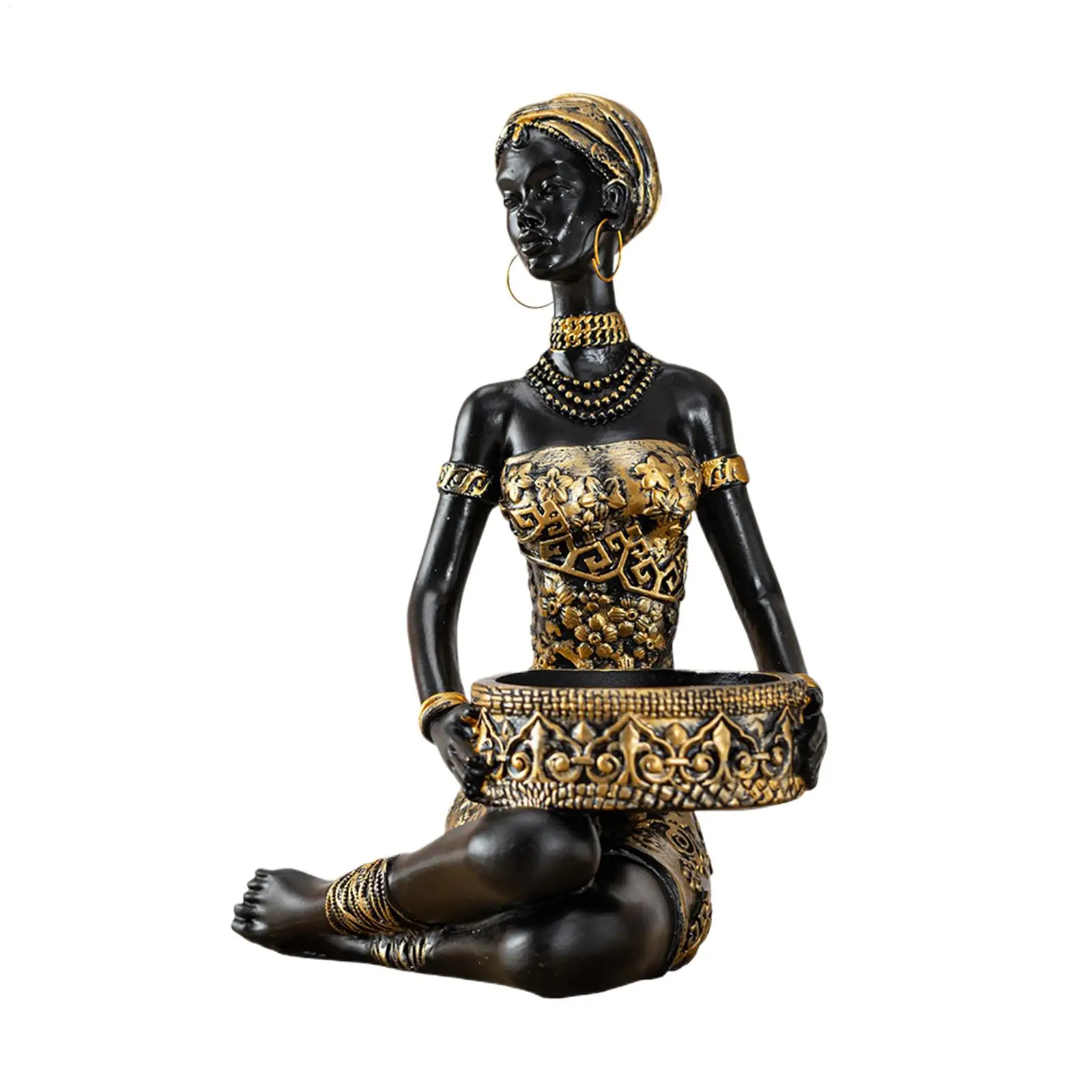 African Figurines Resin Table Storage Organizer African Woman Statues Storage Holder for Candy Jewelry Ring Key Earring Home