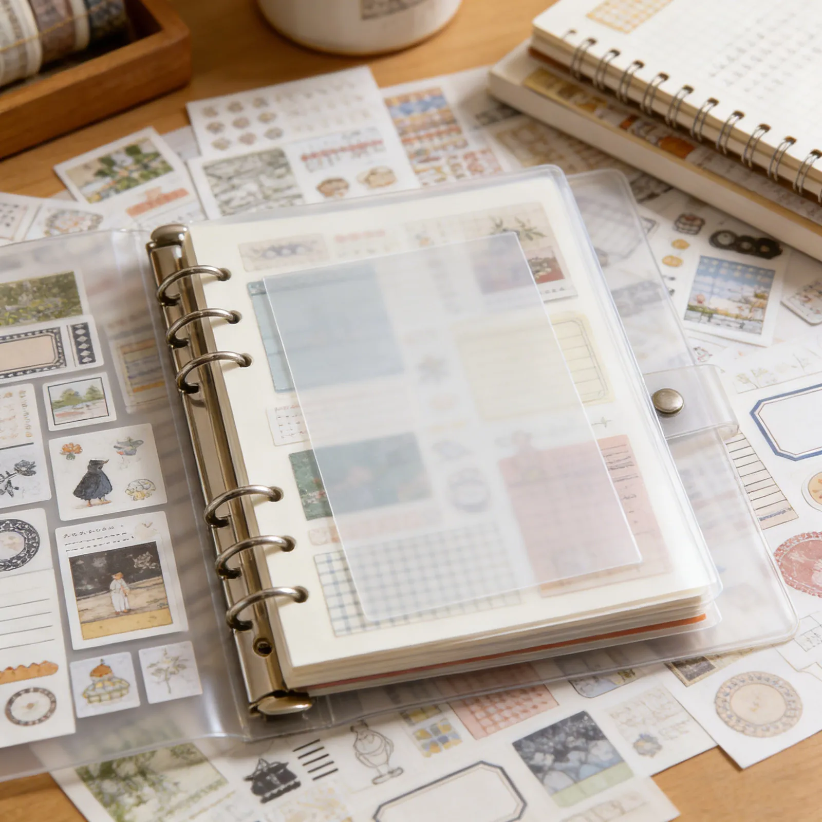 50Pcs Clear Pet No Hole Binder Plastic Pages Double-Sided Release Film Sheets DIY Planner Binder Refill Sticker Tape Sample
