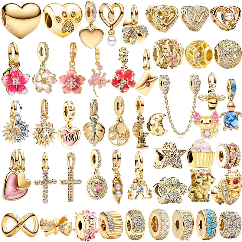New Gold Pink  Mother Daughter Dual Heart Cherry Blossom Pendant Clip Charms Beads DIY Women Jewelry Gift Beads Fit Bracelets