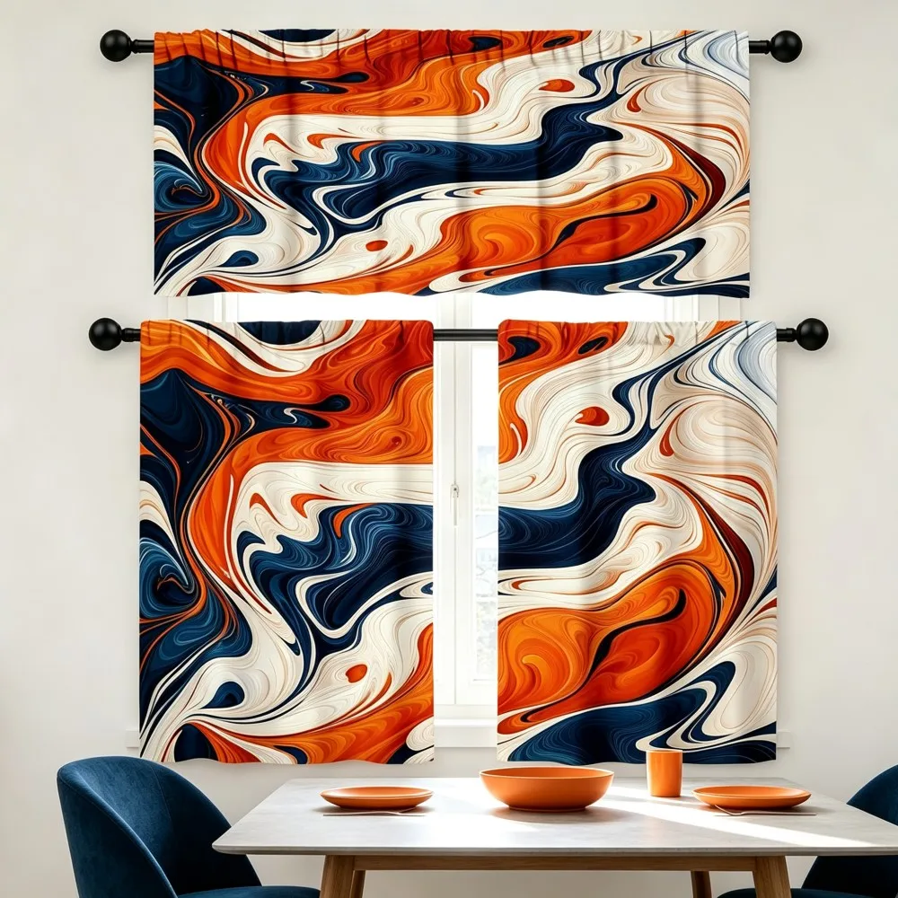 Abstract Kitchen Curtains, Orange Blue Marble Fluid, Digital Print, Kitchen Dining Room, Rod Pocket Polyester, Home Decor