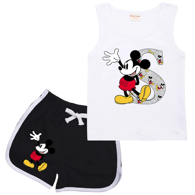 Disney tureChildren-Shorts de sport pour enfants, lettres A B C D trempées, vêtements décontractés de dessin animé Kawaii, FibrGirl Boy, ensembles de 2 pièces