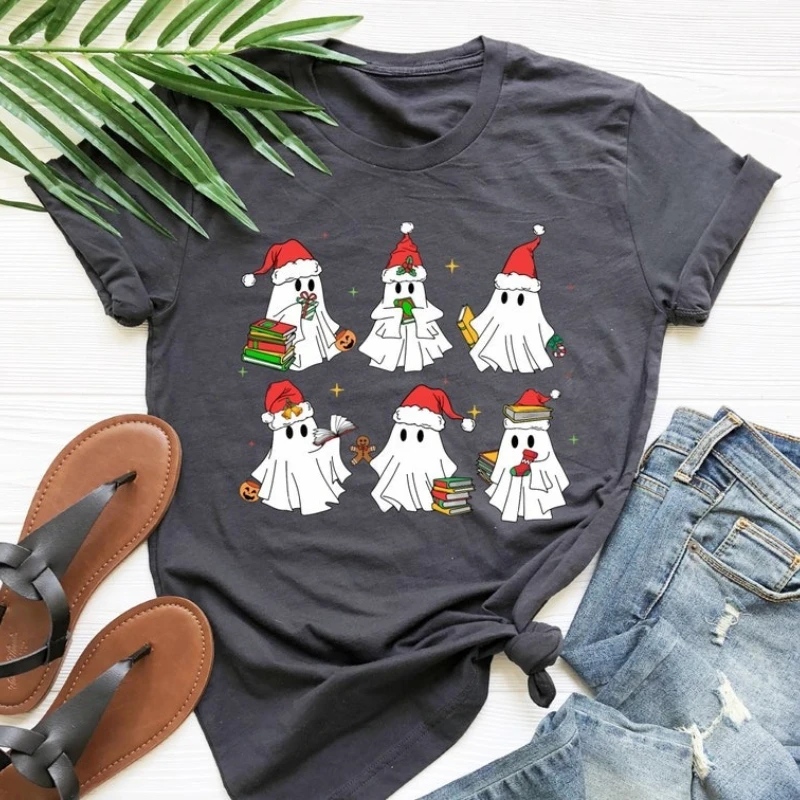 Kawaii Ghost Book Lover Christmas Gift for Worm Bookish Lovely T-Shirt Read More Nerd Printed T-shirt Tops Crewneck Casual Style