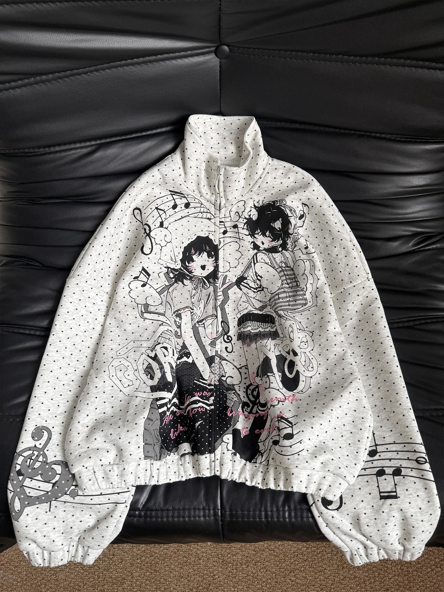 Lazy Girl Spring Autumn Loose Fit Hoodie Note Print Stand Collar Women's Y2K Cardigan Jacket Cartoon Style Long Sleeve