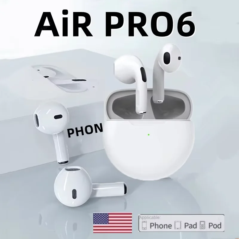 سماعة Air Pro 6 True اللاسلكية Bluetooth 5.3 سماعة رأس ستيريو رياضية صغيرة مع ميكروفون وحافظة شحن لهاتف Xiaomi iPhone Android