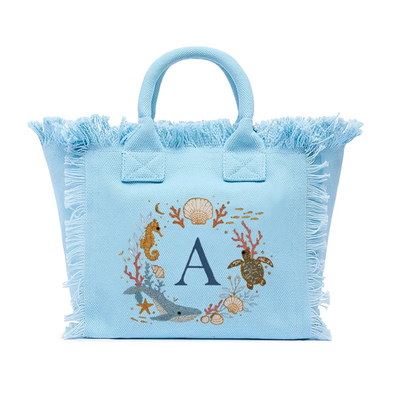 

Голубая сумка-тоут с бахромой, женская холщовая пляжная сумка с принтом океанских букв, модная повседневная сумка через плечо через плечо