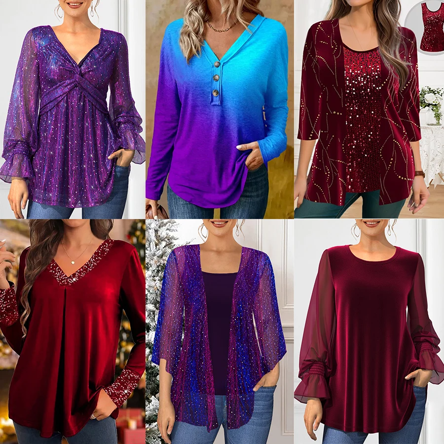 

Plus Size Christmas Red parkly Glitter Fabric Twist Knot Lantern Long Sleeve Elastic Cuff Tunic Blouse V-neck Tops