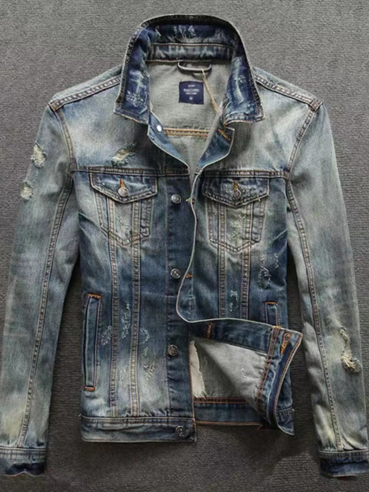 

Ретро винтажная джинсовая куртка с рваными элементами, мужская, в корейском стиле, приталенная, модная, весенне-осенняя, новая модель, молодежная, для верхней части тела, молодежная мода