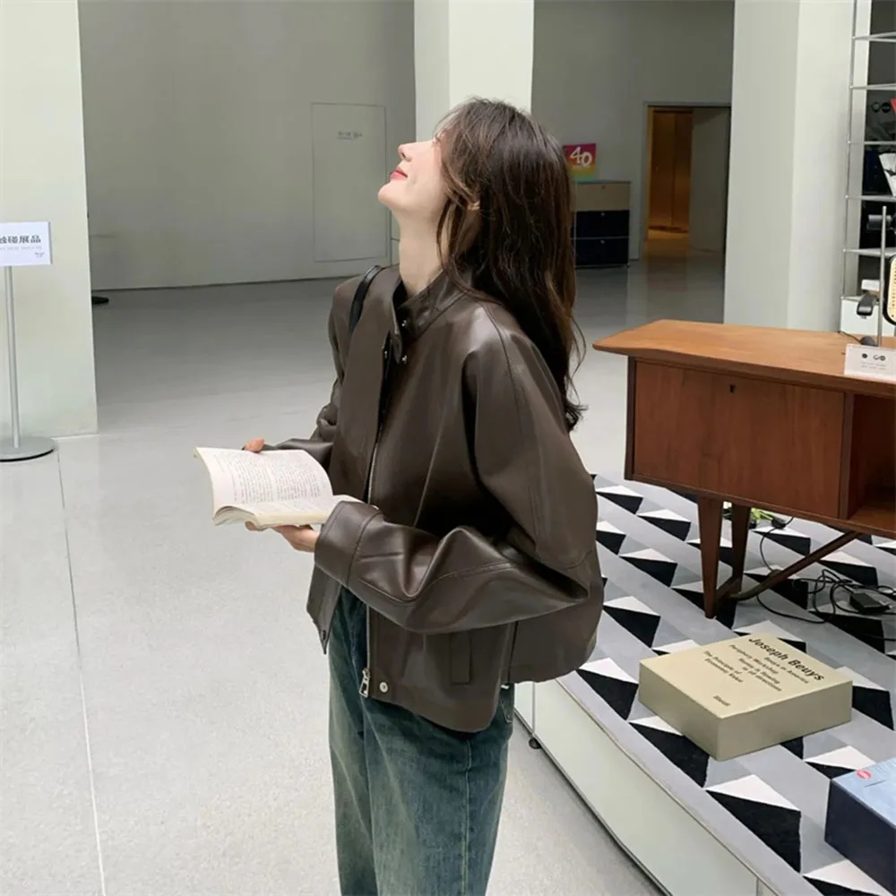 Herbst NewFashion Frauen Leder Jacke Kurzen Mantel Motorrad Oberbekleidung Top Weibliche Streetwear PU Leder Jacken Outwear Damen