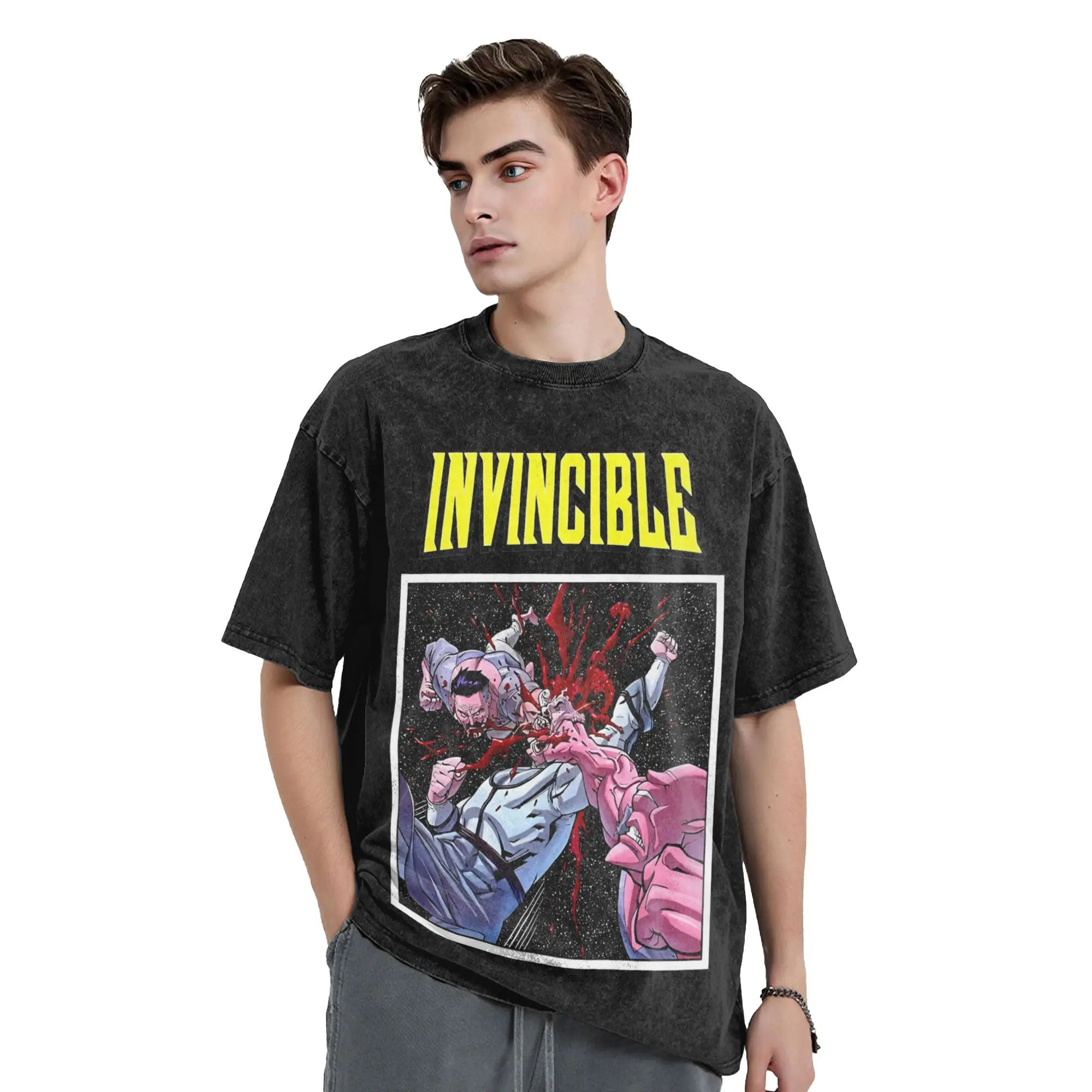 Washed T Shirt Invincible Allen The Alien And Omni Man T-Shirts Harajuku Streetwear 100% Cotton Printed Tops Tees Men Women