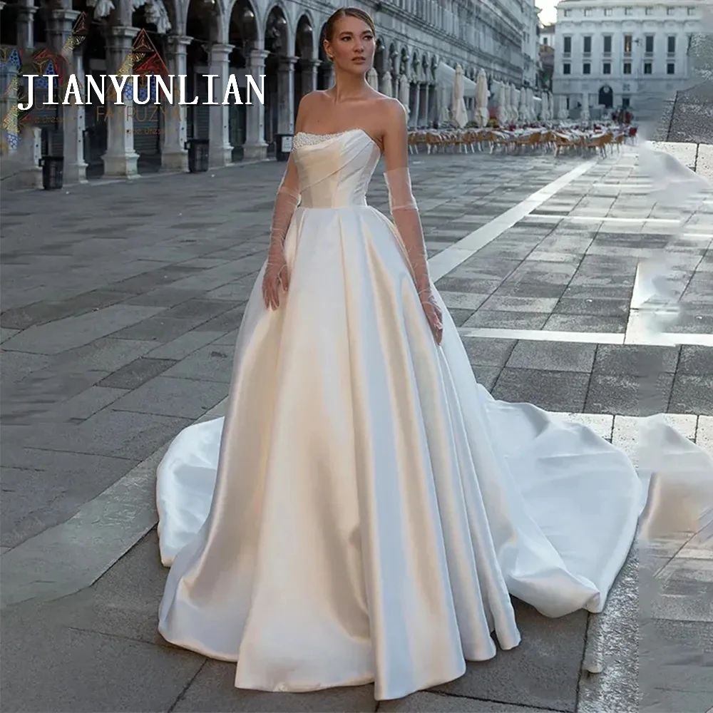 Classic Satin Modern Wedding Dresses Elegant Scoop Chaple Train  Fluffy Princess Style Bride Gowns