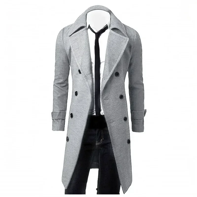 Trench coat masculino duplo breasted mistura de lã 2023 outono inverno sólido casual fino ajuste jaqueta longa casaco de lã moda roupas masculinas