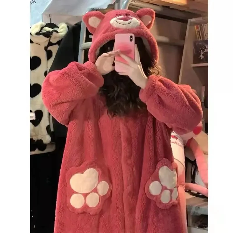 Korean Ins Cute Strawberry Bear Coral Velvet Pajamas Women\'s Autumn And Winter New Thickene  Velvet Home Clothes Two-Piece Suit