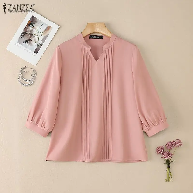 2026 ZANZEA printemps Blouses femmes col en V 3/4 manches bureau Blouse chemise décontractée couleur unie hauts plissés tunique femme Mujer Blusas