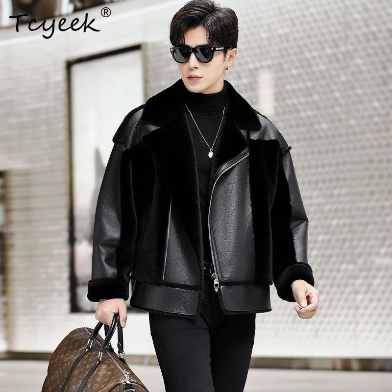 Tcyeek Natural Real Sheepskin Fur Coat Men Winter Clothes Genuine Leather Man Jackets 2025 Motocycle Jacket Streetwear Дубленка