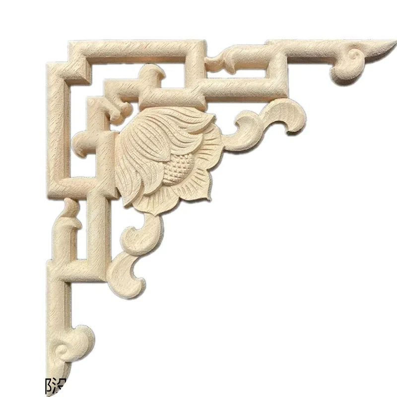 2PCS Woodcarving Decal Corner Applique Frame Door Decor Wall Furniture Decorative Figurines Wood Miniature Flower Branch