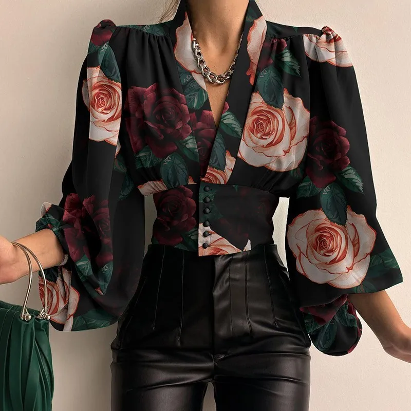 Camisa Sexy de manga larga con cuello de pico, blusa de oficina para mujer, moda de primavera y otoño, camisa elegante con estampado Floral para