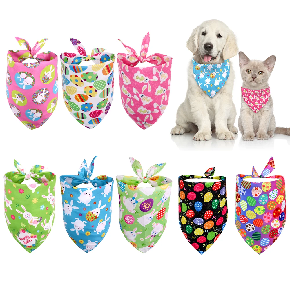 

10PCS Dog Bandanas For Easter Holiday Rabbit Print Pet Dog Triangular Scarf Small Dog Bibs Pet Grooming Accessories For Dogs