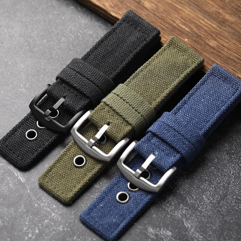 Handmade Thickened Canvas Watchband Rugged  20 22 24MM Soft Waterproof Watch Chain Blue Black Green Men Wearable Strap