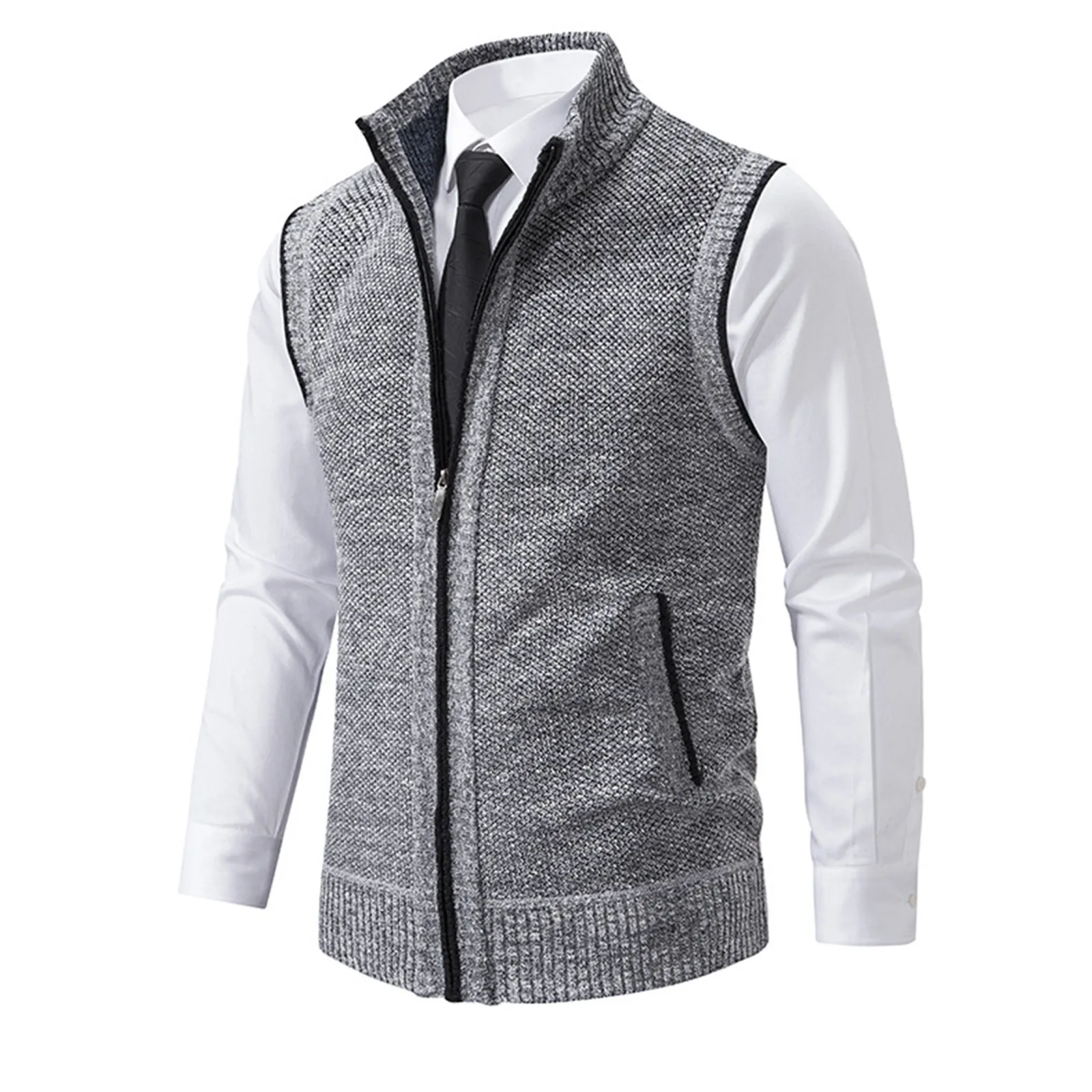 Heren Wollen Trui Vest Herfst Winter Fleece Warm Casual Rits Kasjmier Mouwloos Effen Kleur Trui Gebreid Vest Herenkleding