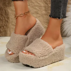 Autumn Winter Wedge Fluffy Slippers Woman 2024 New Home Fur Slippers for Women Chunky Platform Slides Cozy Fuzzy Indoor Shoes