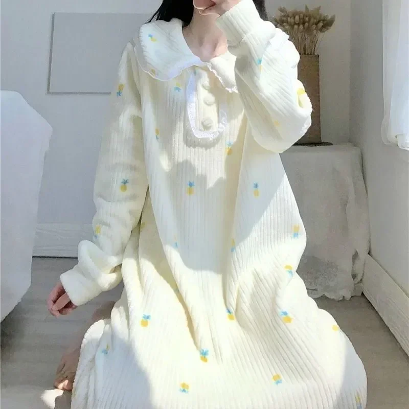 Pineapple In Home Sleepwear Piece New Pajamas Night Nightgown Fleece Dress Warm Women Nightwear Sleeve One Winter 2023 Lace Long