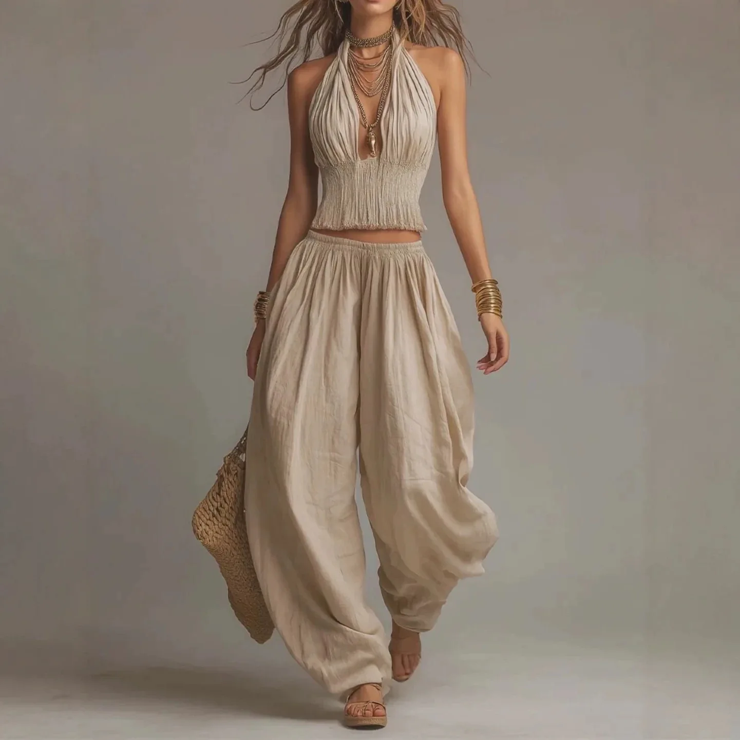 Sleeveless Halter Smocked Crop Top & Elastic Waist Harem Wide Leg Pants Vacation Summer Women's Solid Casual Boho 2 Piece Outfit