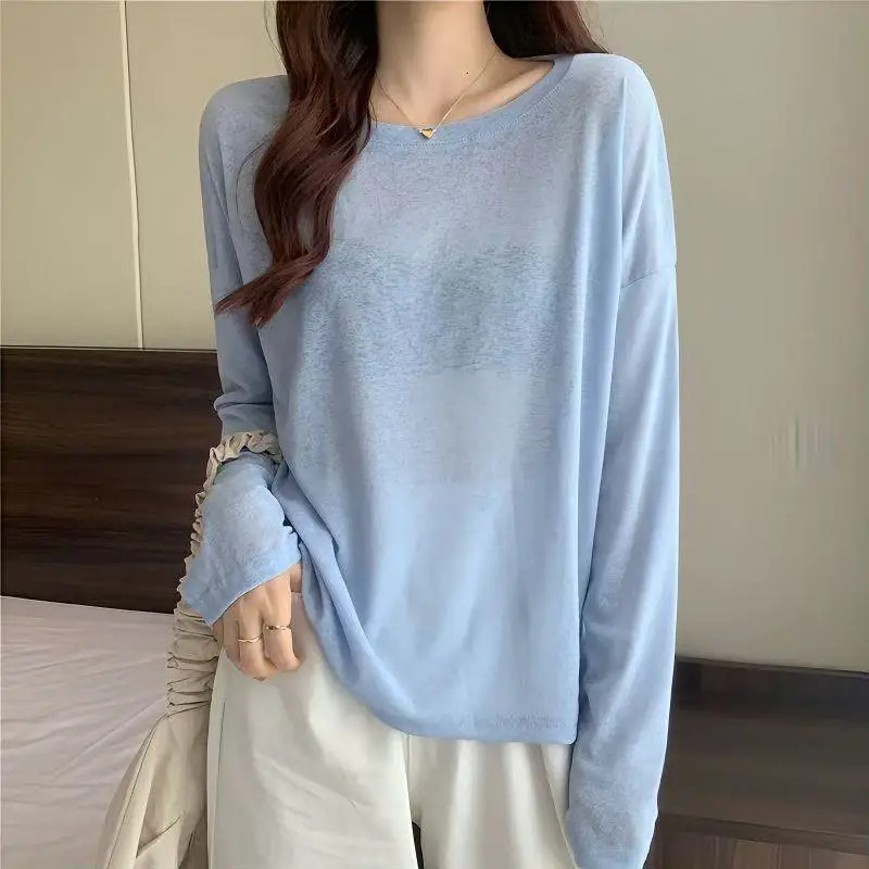 T-shirt a maniche lunghe sottile primavera/estate da donna con protezione solare in seta di ghiaccio grande 2025 Camicia con copertura esterna comfort Top ampio stile pigro