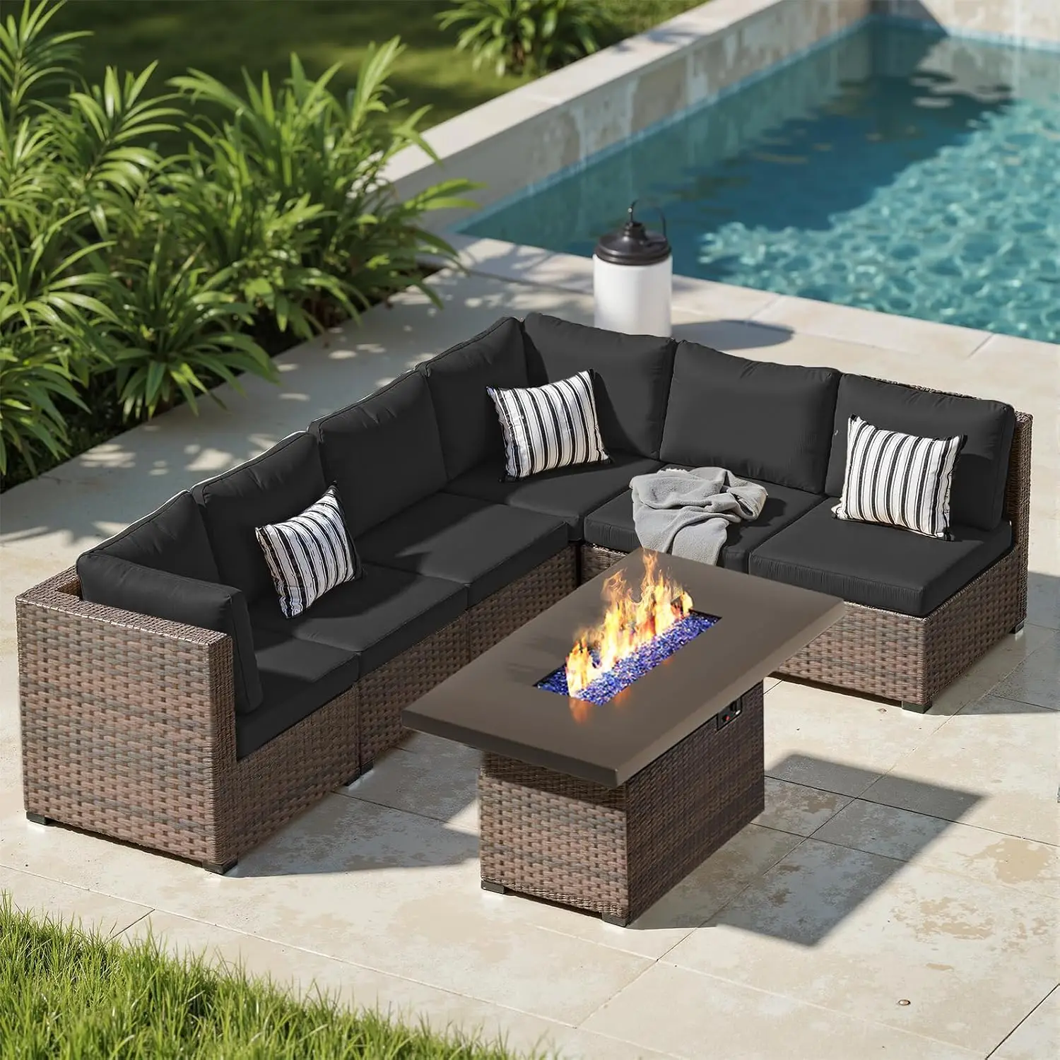 7-Piece Outdoor Sectional Sofa with Fire Pit Table, PE Rattan Patio Furniture with Cushions for Garden Poolside Deck, Customized