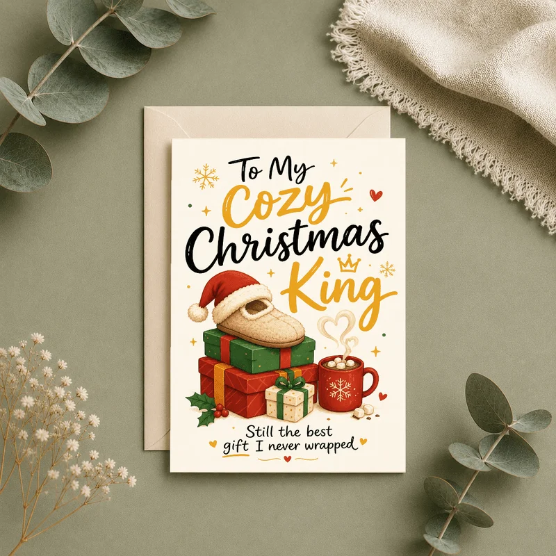 Charming Christmas King Greeting Card – Festive Illustration for Boyfriend, Husband, or Partner