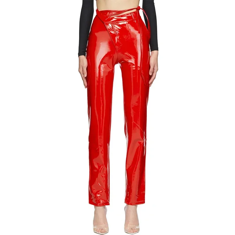 Pantalon taille haute en similicuir latex pour femme, surintendant, bandage, pantalon à jambe droite, brevet brillant, bureau, fête, PU, fjNew bt