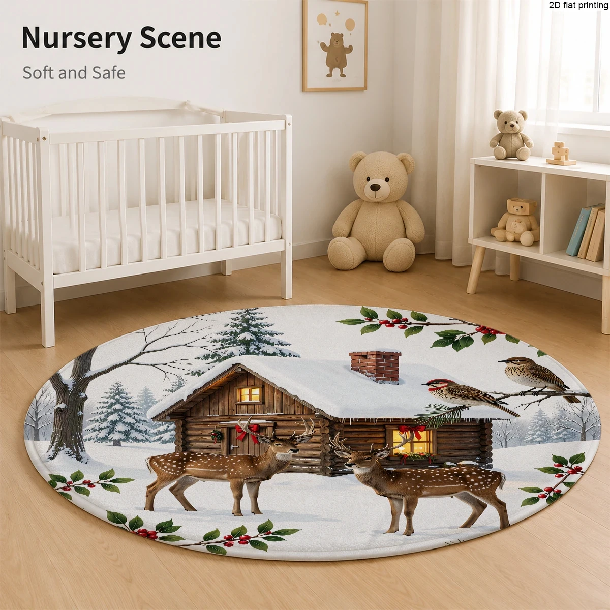 Dy8 (64) Round Small Rug with Christmas Deer, Wooden House, and Snow Scene Prints, 2D Flat Printing Technology, Soft and Skin-Friendly, Easy to Clean, Machine Washable, Non-Slip, Wear-Resistant Backing, Suitable for Bedroom, Living Room, Bathroom, Indoor Floor Decoration, Available in Multiple Sizes, Comfortable to Step on - view 6