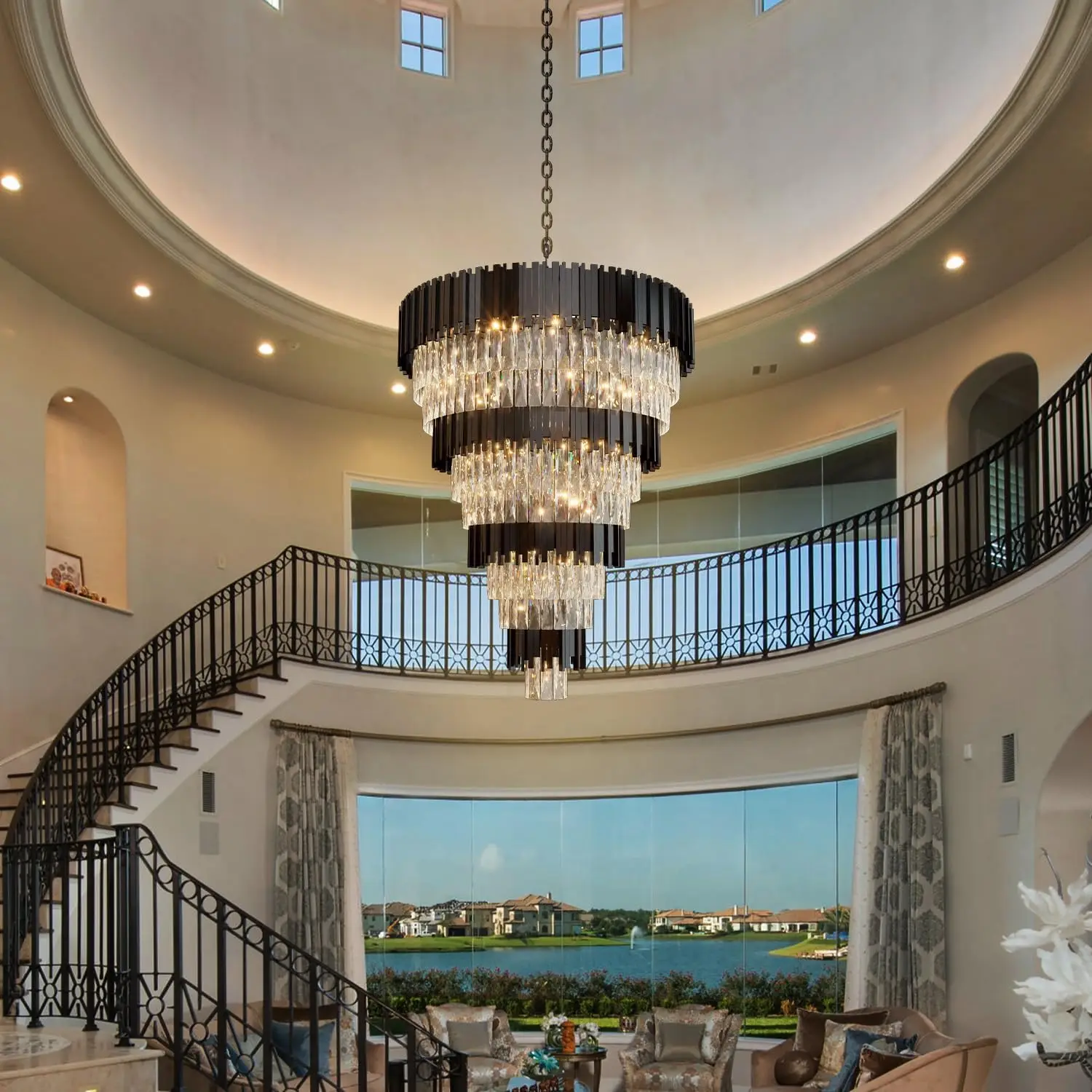 Luxury Black Crystal Hanging Chandelier For Living Room Loft Stairway Large Staircase Crystal Chandeliers For High Ceiling Foyer