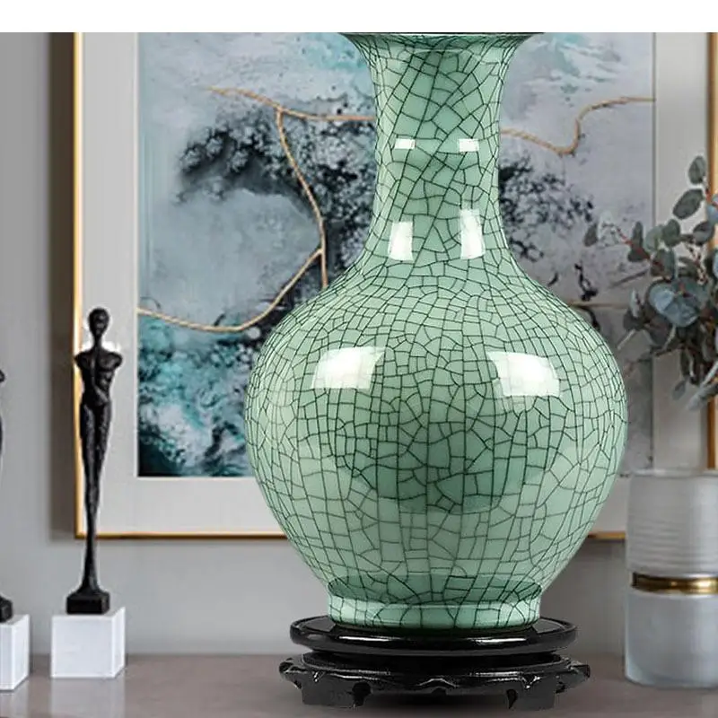 Crack Texture Ceramic Vase Green Glaze Porcelain Storage Jar Desk Decoration Artificial Flower Decorative Arrangement