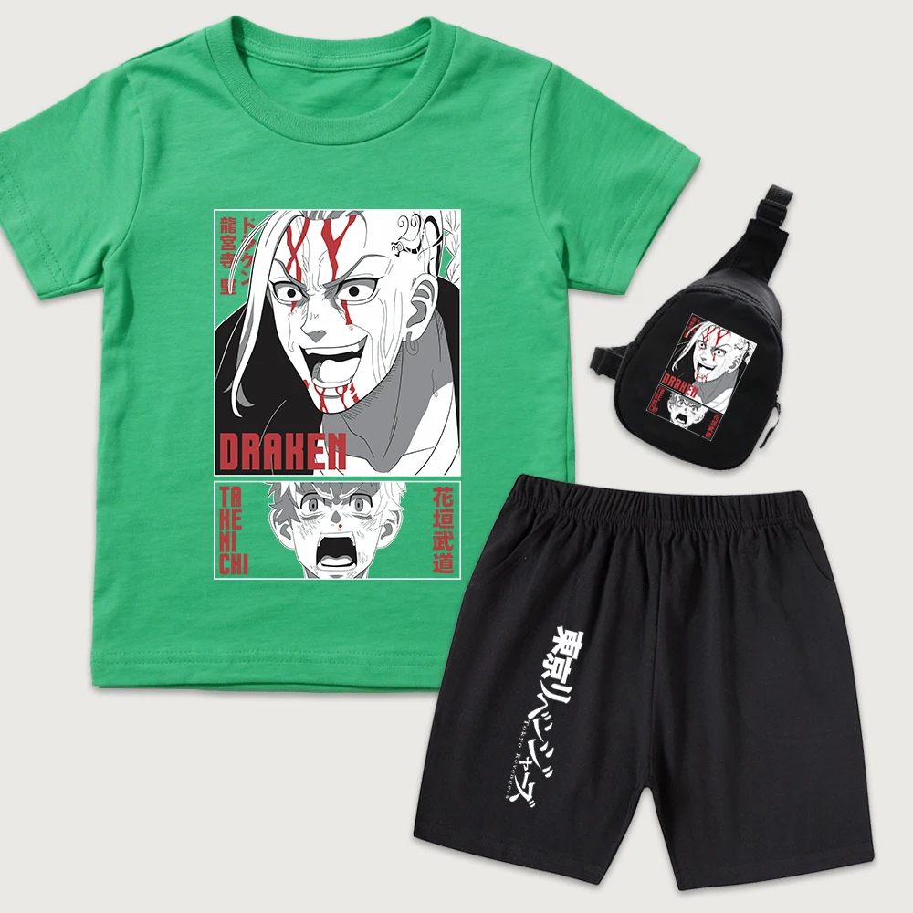 Tokyo Revengers Draken x Takemichi Anime Print Kids Cotton T Shirt Shorts Mini Chest Bag 3Pcs Set Boy Girl Summer Outfit