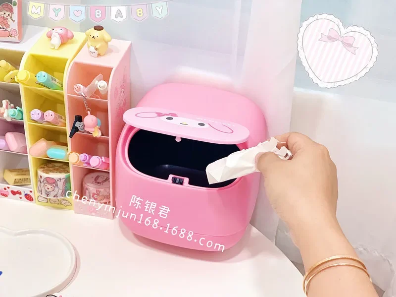 Cartoon Ainme Kitty Jam My Melody Cinnamoroll Kawaii Household Car Trash Can with Lid Press Storage Bin Square Gift for Girl