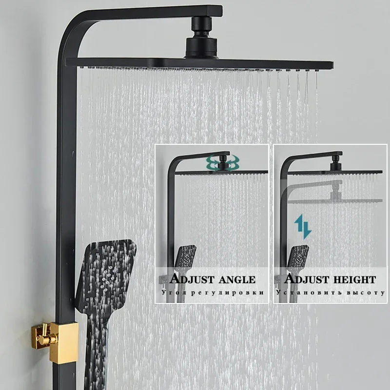 Display Digital Botão Shower Set, 4 Função Botão, Sistema Termostato, Banheiro, Montado na parede Latão, Preto e Dourado