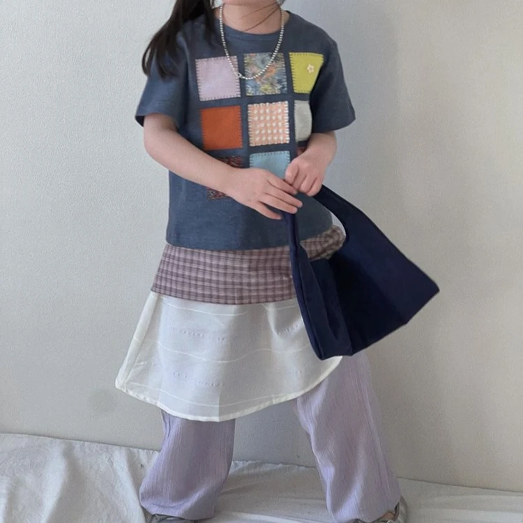 

Girls Suit 2026 Spring and Summer New Childrens Wear Baby Girls Rectangular Pattern Top Plaid Fart Curtain Pants Two-piece Set